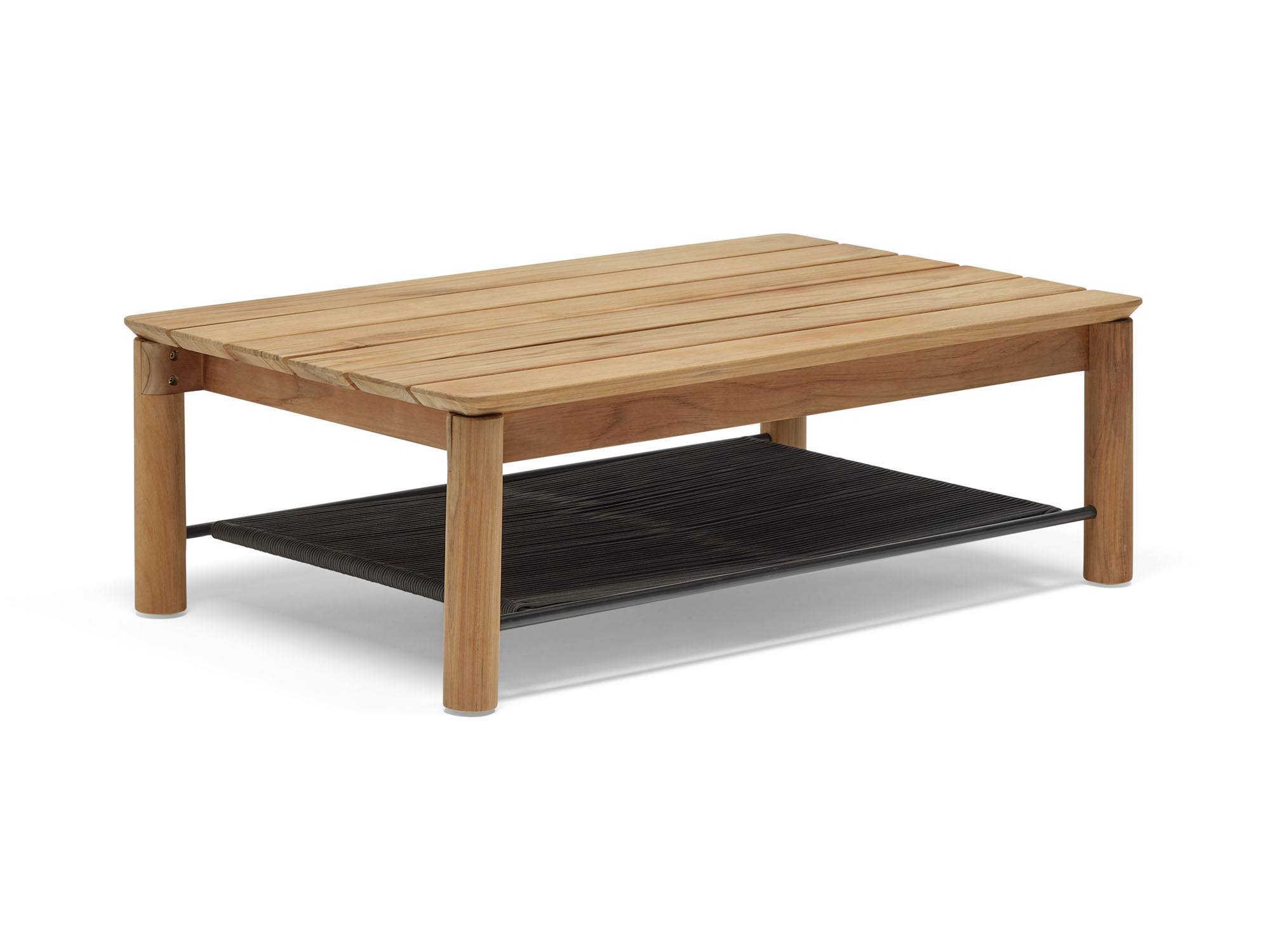 Angled view of wooden outdoor coffee table